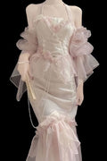 Pink Mermaid Neckline Strapless Lace Long Prom Dresses TP1629