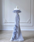 Blue Mermaid One Neck Strapless 3D Flower Beaded Tulle Floor Length Evening Dresses  TP1640