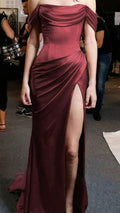 Burgundy Strapless Strapless Satin High Split Long Prom Dresses  TP1643