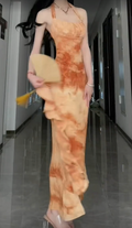 Orange Mermaid Neckline Strapless and Ankle Length Ball Gowns TP1651