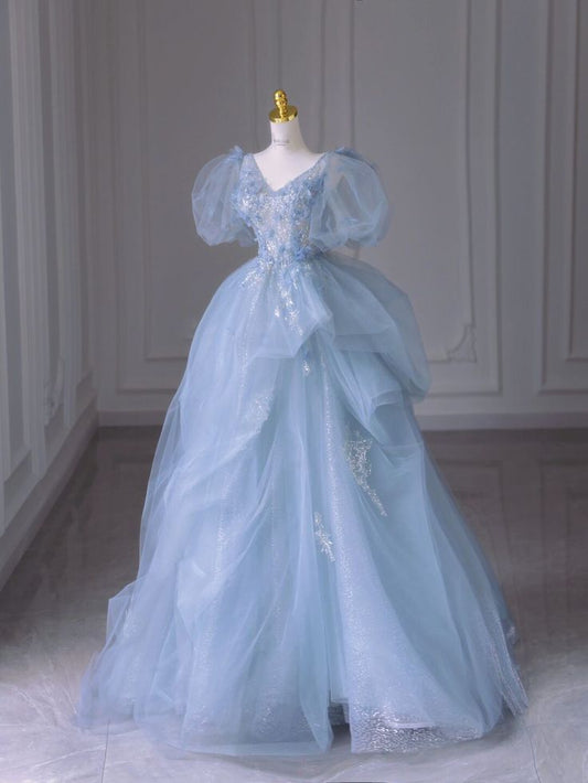 Blue A-Line Short Sleeve Sequined Tulle Long Prom Dresses TP1653