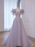 Purple A-line Short Sleeve Sequined Tulle Long Prom Dresses TP1665