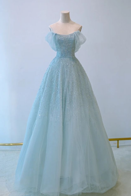 Blue A-line Strapless Embroidered Tulle Long Evening Dresses TP1666