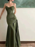 Chic Green Mermaid Spaghetti Strap Satin Long Prom Dresses TP1671