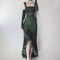 Green Spaghetti Strap Ruffle Vintage Long Prom Dresses TP1675
