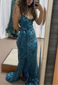 Blue V Neck Spaghetti Straps Neckline Split Mermaid Long Prom Dresses  TP1714