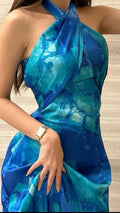 Blue Swoosh Neckline Strapless Ankle Length Dress TP1726
