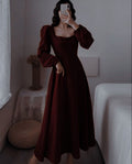 Vintage-Inspired Burgundy Square Neck Puff Sleeve Midi Dress Elegant A-Line Evening Gown TP1746