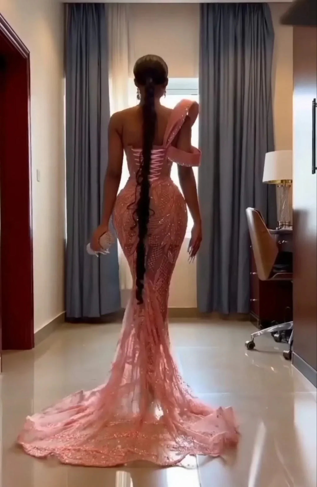 Charming Pink One Shoulder Mermaid Glitter Sequin Long Ball Gown TP1754