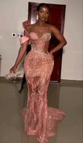 Charming Pink One Shoulder Mermaid Glitter Sequin Long Ball Gown TP1754