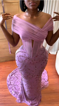 Pink Mermaid Off-the-shoulder Sequin Beaded Floor-length Evening Dress TP1759