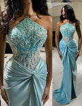 Mermaid Blue Off-the-shoulder Irregular Neck Beaded Satin Slit Long Ball Gown TP1761