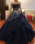 Navy A-Line Tulle Silver Beaded Sequin Strapless Evening Gown TP1763