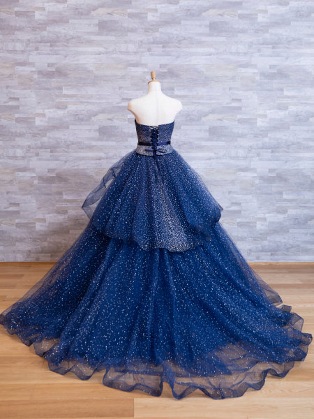 Navy A-Line Tulle Silver Beaded Sequin Strapless Evening Gown TP1763