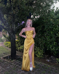 Yellow spaghetti strap sleeveless satin high slit evening dress TP1765