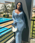 Blue lace long sleeve mermaid long evening gown prom dress TP1767
