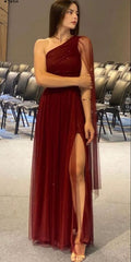 Burgundy One Shoulder A-line Tulle Slit Long Evening Gown Ball Gown TP1773