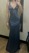 Vintage Navy Blue Halter-Neck Satin Sheath Long Evening Gown Prom Dress TP1786