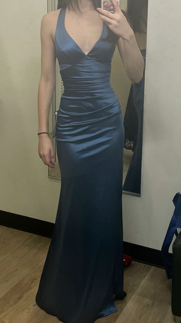 Vintage Navy Blue Halter-Neck Satin Sheath Long Evening Gown Prom Dress TP1786