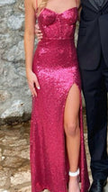 Bright Pink Sequin Spaghetti Strap Slit Long Evening Dress TP1787