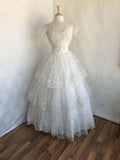 White A-line V-neck short-sleeved lace layered long prom dress TP1828
