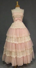 Vintage Pink A-Line Spaghetti Strap Bowknot Birthday Dress Lace Layered Tulle Long Party Dress TP1832