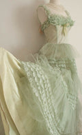 Green A-line strap lace trim tulle long ball gown TP1836