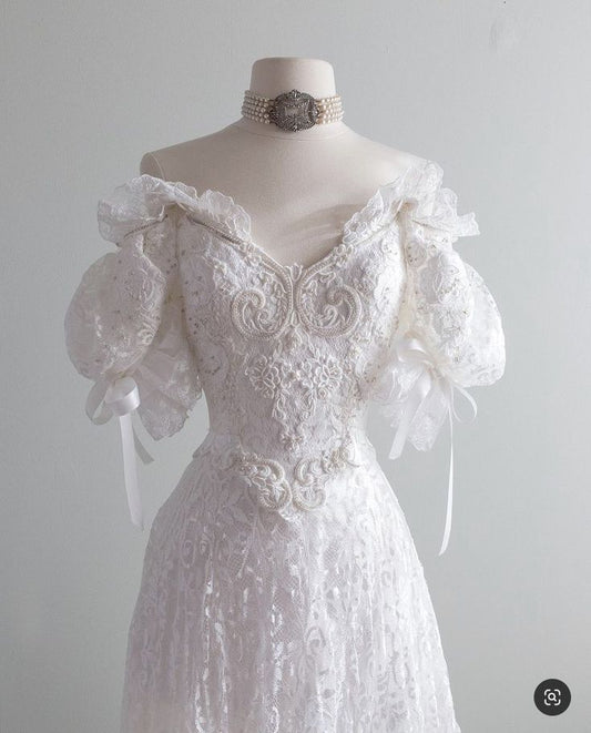 Elegant White A-line V-neck Short Sleeve Lace Floor-length Wedding Dress TP1841
