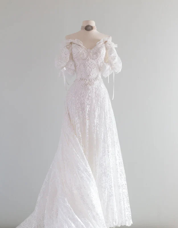 Elegant White A-line V-neck Short Sleeve Lace Floor-length Wedding Dress TP1841
