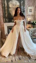 Dreamy Off-the-Shoulder Corset Wedding Dress High Slit Embroidered Bridal Gown TP1851