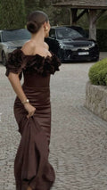 Elegant Mermaid Brown Off Shoulder Satin Floor Length Formal Prom Dress Evening Gown TP1873