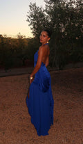 Sexy Sapphire Blue V-neck Halter Backless Satin Formal Ball Gown Evening Dress TP1916