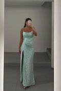 Elegant Green Strapless Sequined High Slit Formal Prom Dress Evening Gown TP1923