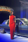 Soft Drape Red Turtleneck Sleeveless High Slit Floor Length Formal Prom Dress Evening Gown TP1940
