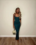 Sexy Green Mermaid Strap Printed Back Slit Ankle-Length Ball Gown Evening Dress TP1941