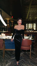 Elegant Black Mermaid Off Shoulder Long Sleeve Velvet Formal Prom Dress Evening Gown TP1946
