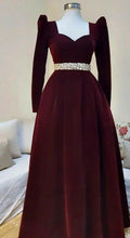 Burgundy A-Line Velvet Long Sleeve Pearl Floor Length Ball Gown Evening Gown TP1949