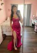 Pink Mermaid Strapless Necklace Satin High Slit Ball Gown Evening Dress TP1955
