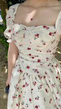 White A-Line Short Sleeve Square Neck Printed Tea Length Prom Dress Graduation Gown TP1961