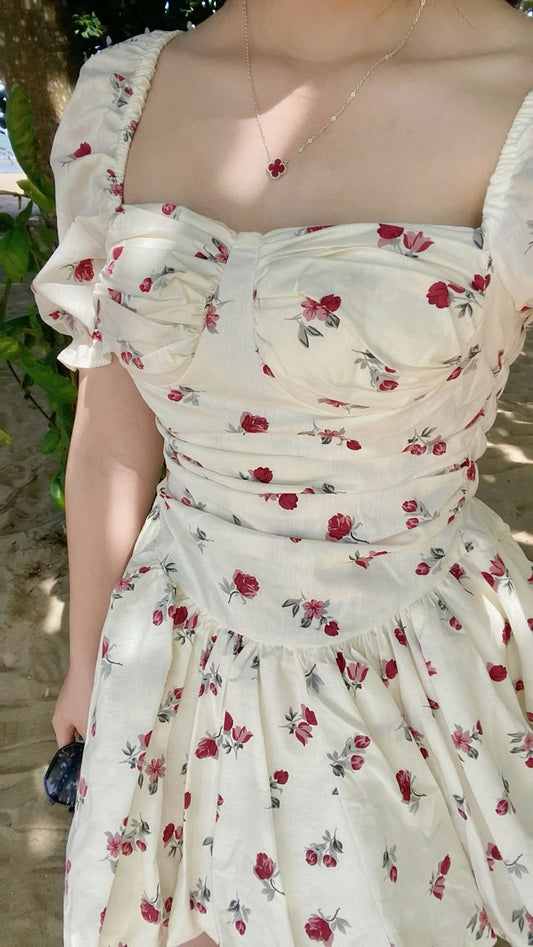 White A-Line Short Sleeve Square Neck Printed Tea Length Prom Dress Graduation Gown TP1961