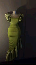 Elegant Green Mermaid Satin Beaded Irregular Skirt Ball Gown Evening Dress TP1963