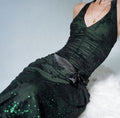 Dark Green Halter Neck Deep V Neck Sleeveless Sequined Ball Gown Evening Dress TP1964