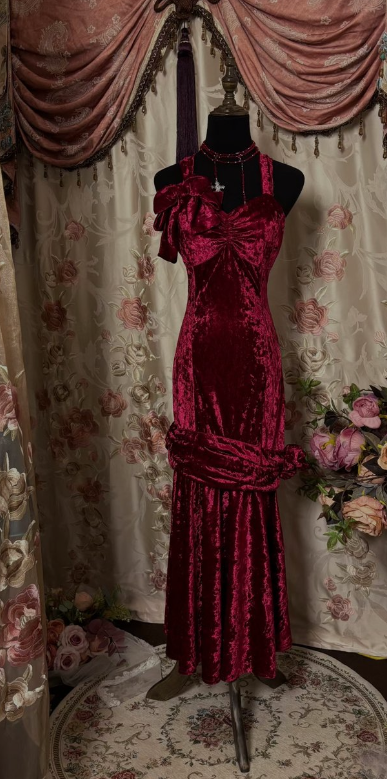 Vintage Burgundy Mermaid Strap Velvet Ball Gown Evening Dress TP1969