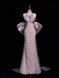 Chic Mermaid Off-shoulder Satin Bow Sequined Tulle Floor-length Ball Gown Evening Dress TP1977