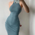Sexy Blue Mermaid Ribbed Knit Off-The-Shoulder Halter Neck Above-The-Knee Homecoming Dress TP1984