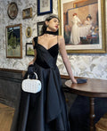 Vintage Black A-line Shoulder V-neck Satin Ball Gown Evening Dress TP1994