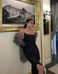 Elegant Black Mermaid Slit One Shoulder Sleeveless Sequin Formal Prom Dress Evening Gown TP1998