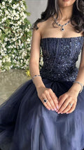 Elegant A-line Strapless Sequined Tulle Formal Prom Gown Evening Dress TP2001