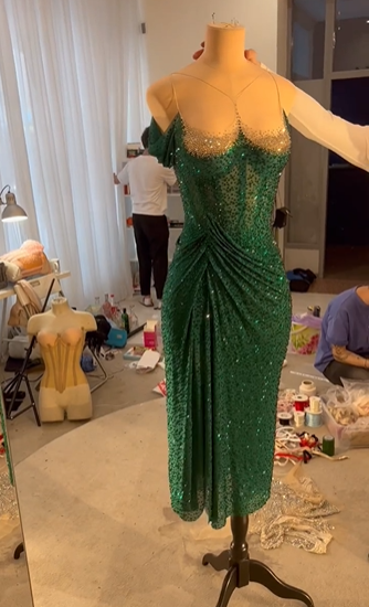 Chic Green Mermaid Off Shoulder Beaded Tea Length Ball Gown Evening Dress TP2004