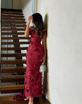 Elegant Burgundy Mermaid Off Shoulder 3D Floral Floor-Mounting Ball Gown Evening Dress TP2005